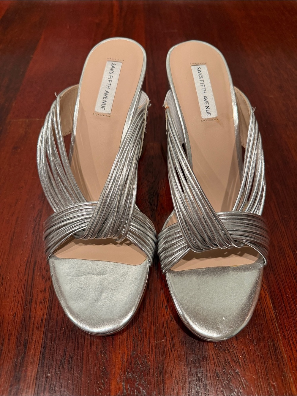 Saks Fifth Avenue Metallic Silver Knot-Detail Slide Heels